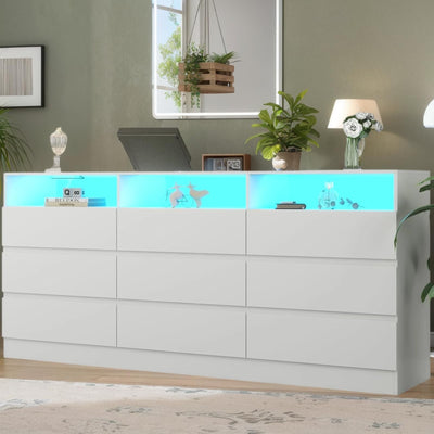 Loomie 9 Drawer White Dresser with Charging Station & Led Lights for Bedroom, Long 63" Triple Wide Dresser TV Stand for TVs up to 75", Large Dressers Organizer with 3 Open Cubbies