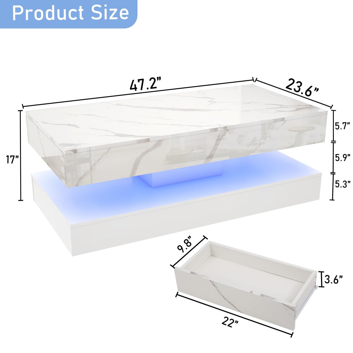 chartustriable 47inch Large High-Glossy LED Coffee Table with 2 Sliding Drawers, Living Room Storage Tables with Marbling Print, Modern Stylish Double-Layer Center Tables w/LED Lights, White chartustriable