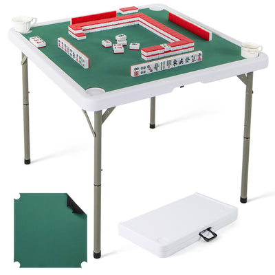 Goplus Mahjong Table, 35" Square Folding Card Table w/4Cup Holders, Anti Slip Mat, HDPE Tabletop, Metal Legs, Portable Mahjong Game Table for Domino Game, Picnic (Table w/Removable Mat, Pure Green)