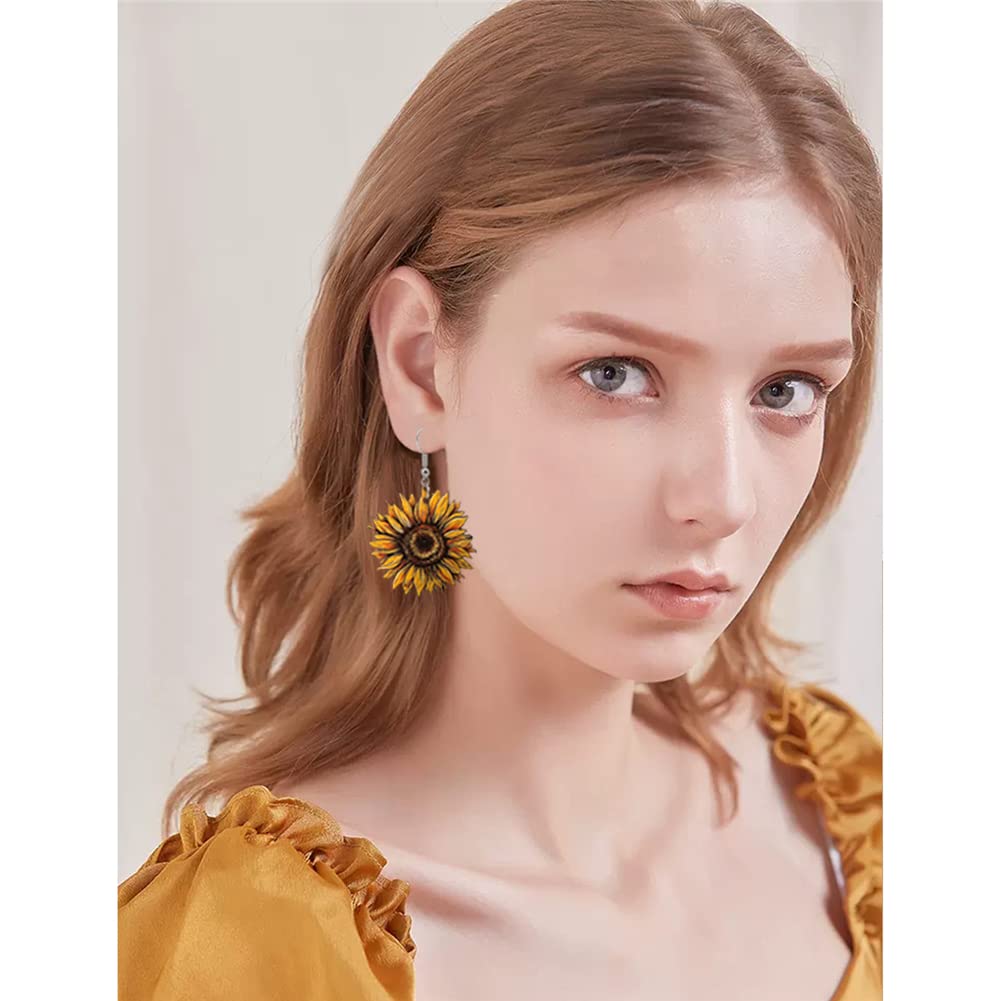 Unique Simple Handmade Wooden Sunflower Daisy Flower Dangle Drop Earrings Bohemian Colour Sunflower Earrings for Women Elegant Summer Boho Jewelry (Yellow Sunflowers Earrings) DIYANMMY