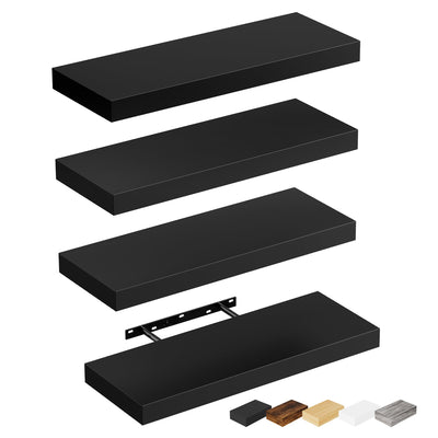 Bellsal Floating Shelves for Wall, Black Engineered Wood Wall Shelf Set of 4, 16" Wall Mounted Floating Shelf for Kitchen, Living Room, Bedroom, Bathroom Storage, Book Shelf for Home Decor