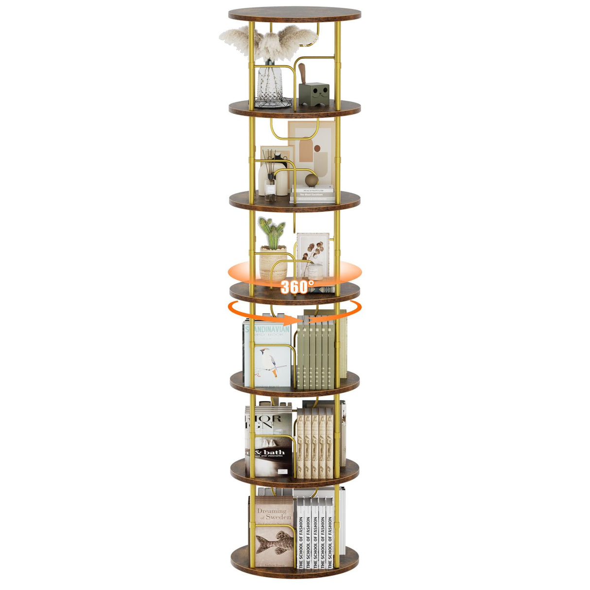 ALLSTAND 6 Tier Rotating Bookshelf, 360 ° Display Stackable Spinning Bookshelf Tower, Corner Bookshelf Tall Floor Standing Swivel Bookcase Narrow Storage Organizer for Bedroom, Living Room, Gold ALLSTAND