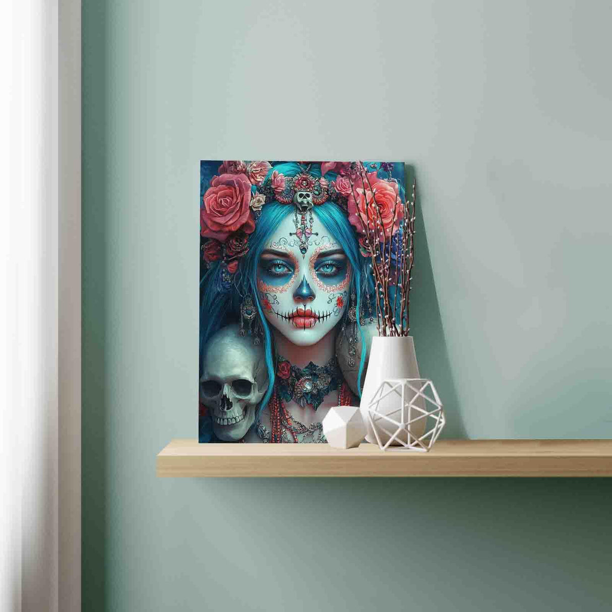 Tucocoo Day of The Dead Blue Hair Woman Sugar Skull Paint by Numbers Fantasy Art Floral Skulls Roses Paint by Number Kit for Adult, with Brushes and Acrylic Pigment 16''W X 20''H (Without Frame) Tucocoo