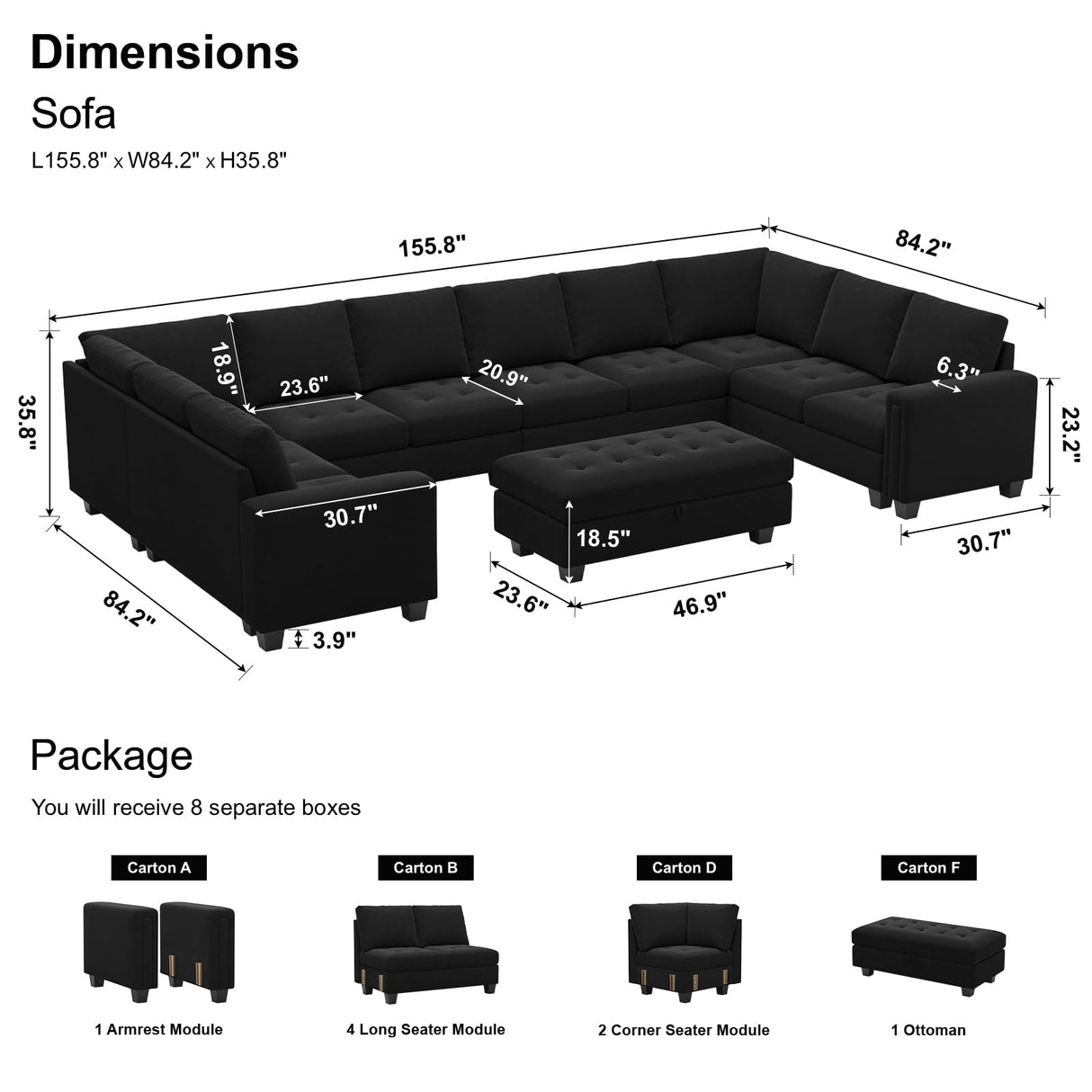 Belffin Oversized Modular Sectional Sofa U Shaped Sofa with Storage Ottoman Convertible 10-Seater Velvet Sectional Sofa with Chaises Black Belffin