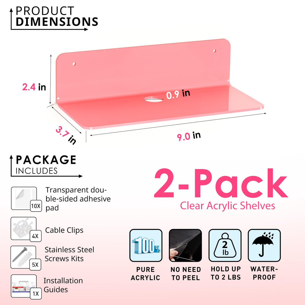 OAPRIRE Pink Acrylic Floating Shelves Set of 2 - Easily Expand Wall Space - Small Wall Shelf with Strong Adhesive for Bedroom, Kids' Room, Bathroom, etc OAPRIRE