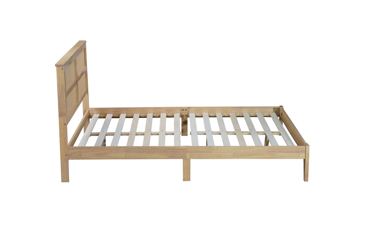Queen Size Rattan Bed Frame, Natural Wood Bed Frame with Support Legs, Platform Bed with Rattan Headboard, Queen Bed Frame with Storage Underneath, No Box Spring Needed, White Oak RuiSiSi