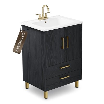phiestina Fully Pre-Assembled Black 24 inch Bathroom Vanity, 2 Soft Close Doors and 2 Drawers Bathroom Storage Cabinet Set, with 3 Holes Single Ceramic Sink Combo, Faucet Not Included,BV02-BLACK-JH