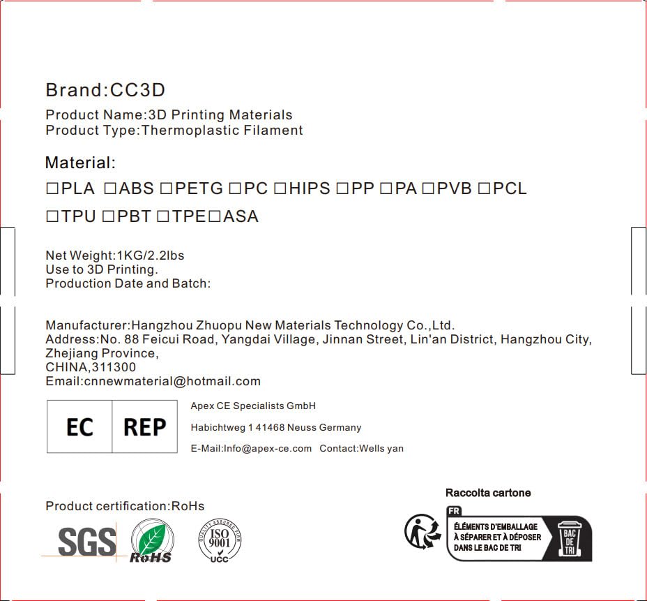 CC3D Marble PLA Filament 1.75mm 3D Printing Filament 1KG 2.2LBS 3D Printer Material Sparkly Stone Rock PLA Filament CC3D