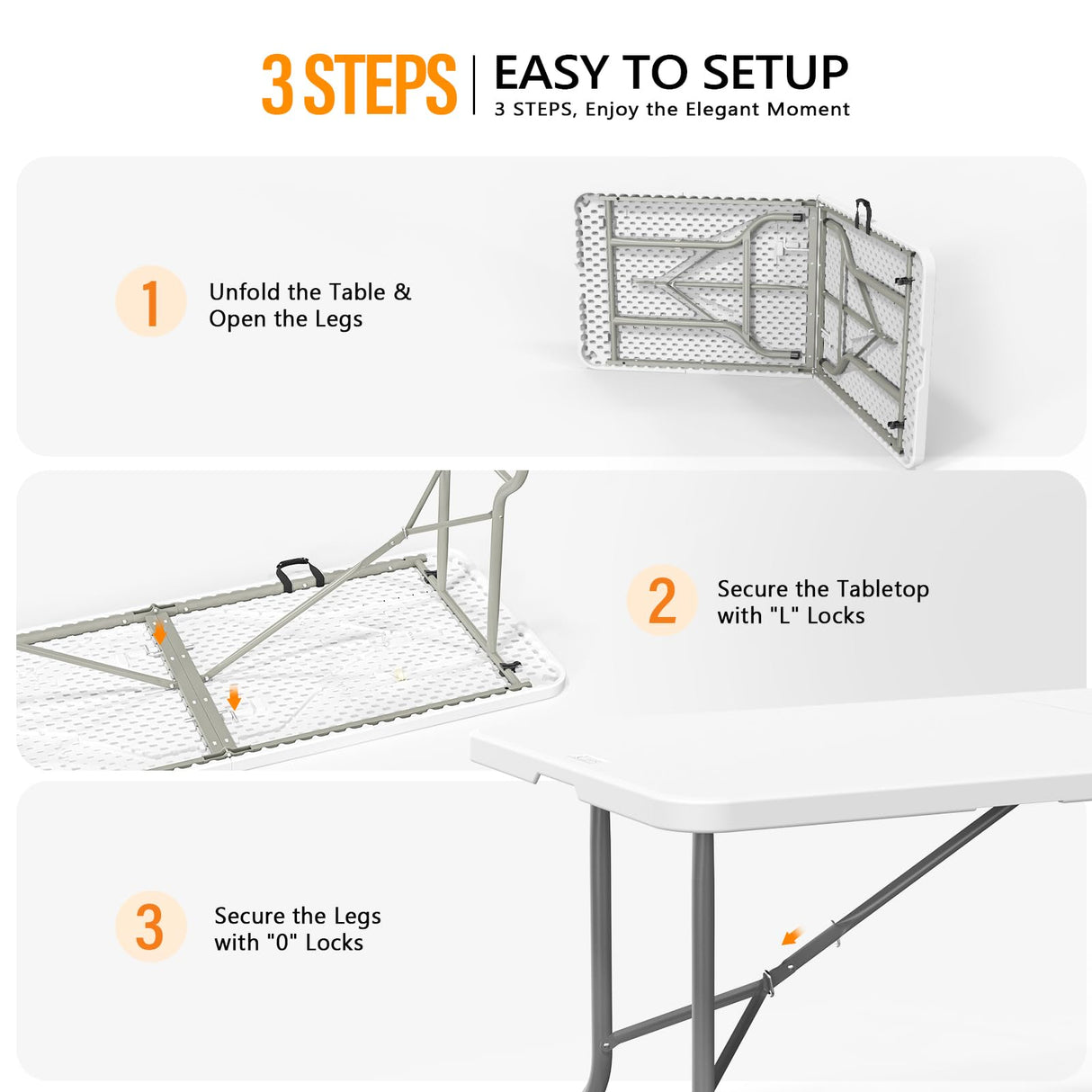 Bonnlo Folding Table 6ft, Portable Collapsible Plastic White Long Tables for Party, Camping, Banquet, Craft, Dining, Wedding, Outdoor and Indoor Use Bonnlo
