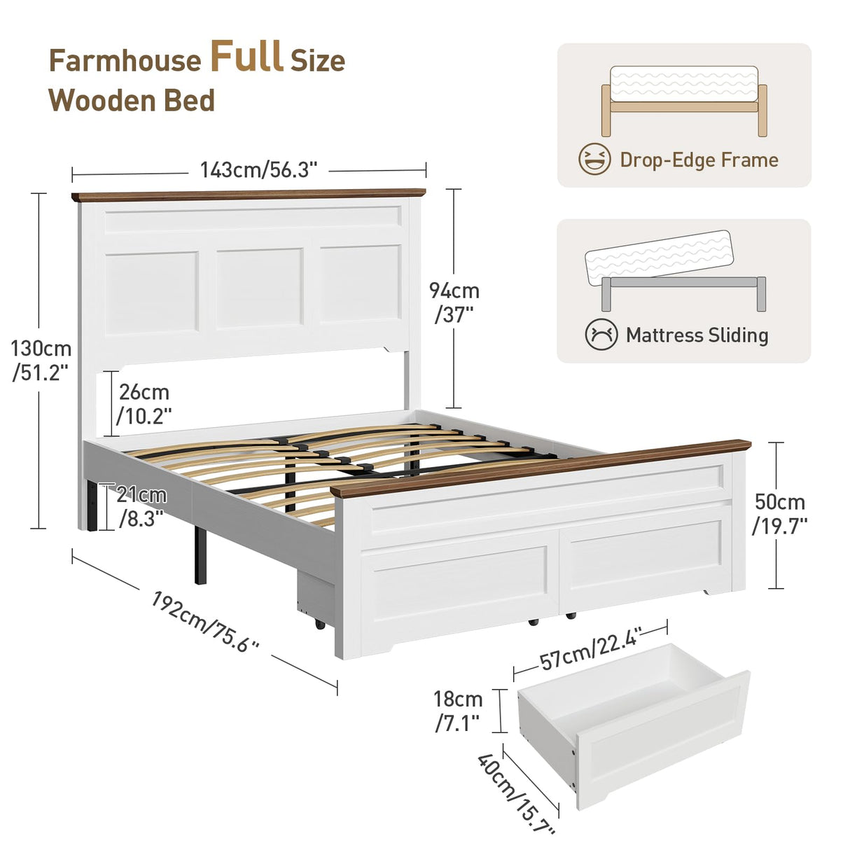 RALGEND Farmhouse Full Size Bed Frame with 51.2" Tall Headboard & Footboard, Wooden Platform Bed Frame with Large Storage Drawers, No Squeak, No Box Spring Needed, White and Walnut RALGEND