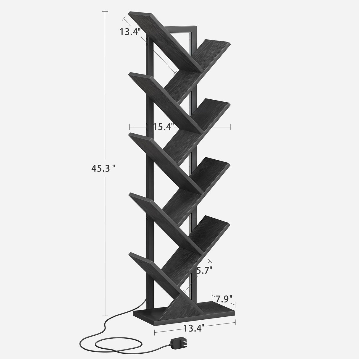 JARHETUN 9 Tier Tree Bookshelf with LED Light, Floor Standing Bookcase, Narrow Bookshelves for Books/CDs/Magazine, Wood Storage Rack for Bedroom, Home Office, Living Room, Black JARHETUN