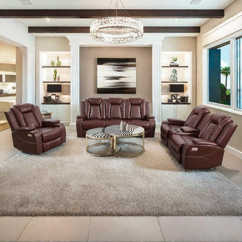 AYCP Furniture Power Recliner Set with LED Lights, Air Leather Reclining Set with USB Port/Wireless Charger/Storage Console/Cup Holder for House/HomeTheater/Apt (Burgundy, Sofa Loveseat Chair) AYCP Furniture