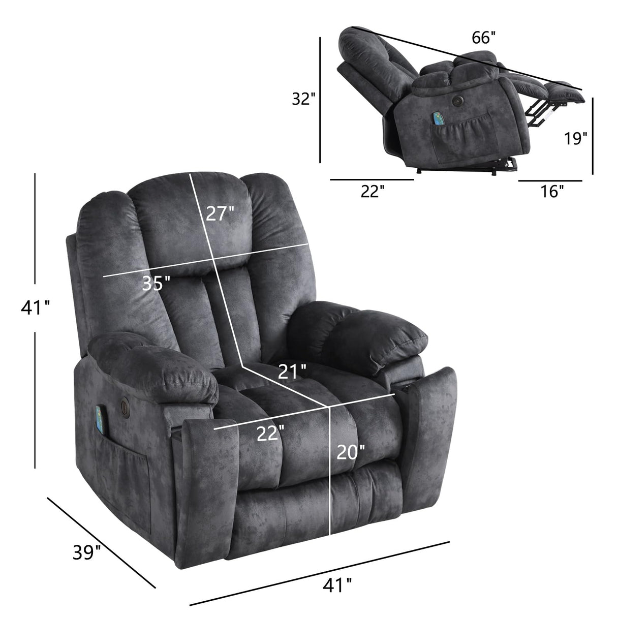 CANMOV Large Power Lift Recliner Chair with Massage, Heat, and USB for Elderly, Overstuffed Wide Recliners, Heavy Duty and Safety Motion Reclining Mechanism, Gray CANMOV
