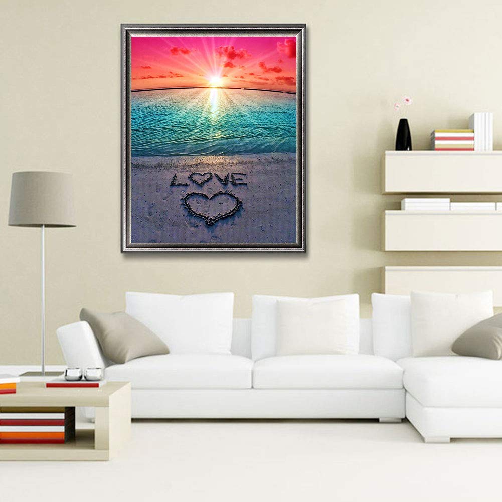 KTCLCATF Diamond Painting Beach by Number Kits,Sunset Love Diamond Art Kit Paint for Adults Beginner Full Drill Diamond Paintings Crystal Rhinestone Picture Arts Craft for Home Wall Decor Gift 16X12in KTCLCATF