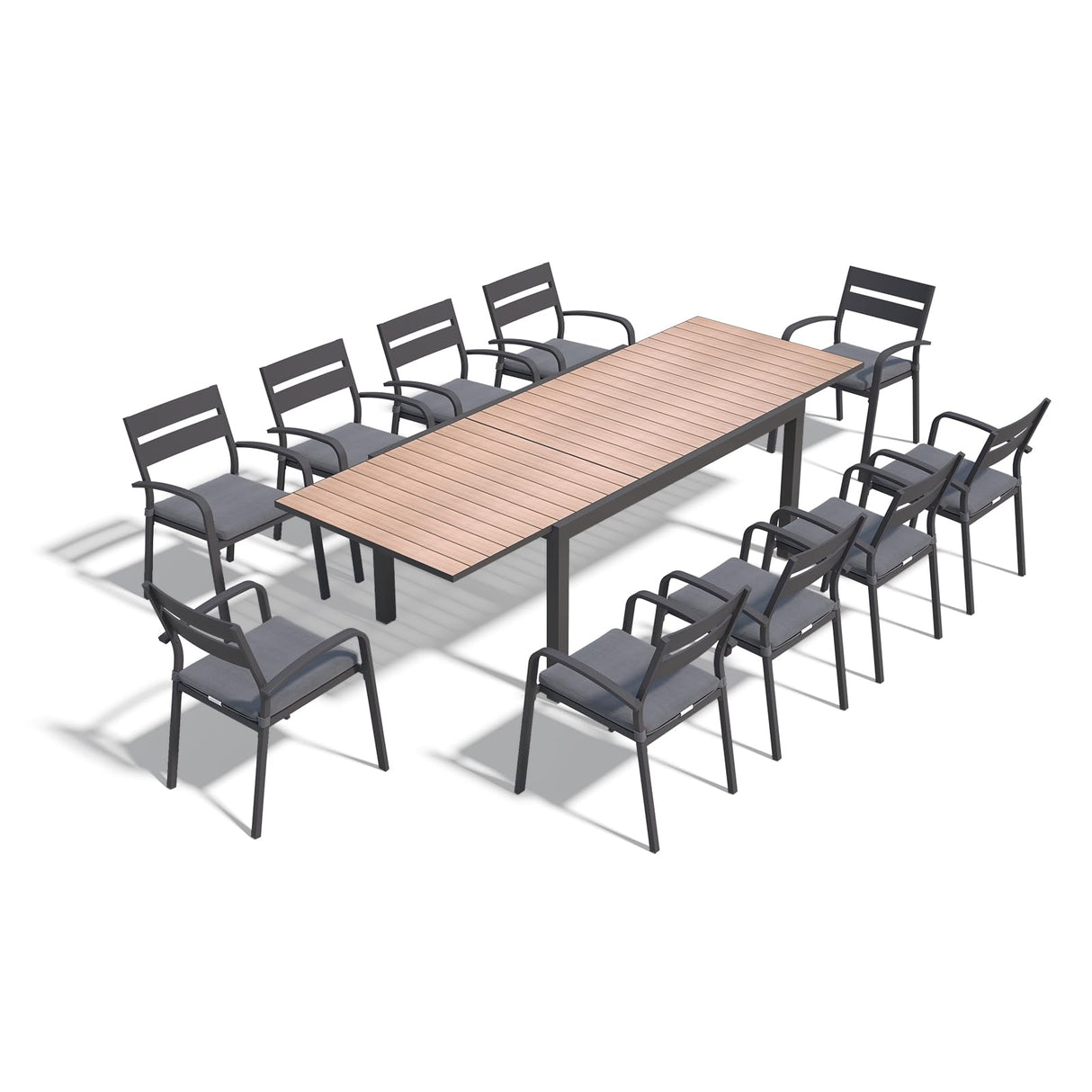 SUNSITT 11-Piece Outdoor Patio Dining Set, 63" - 105" Aluminum Expandable Outdoor Dining Table Set for 10, 10 Stackable Chairs with Gray Removable Cushions SUNSITT