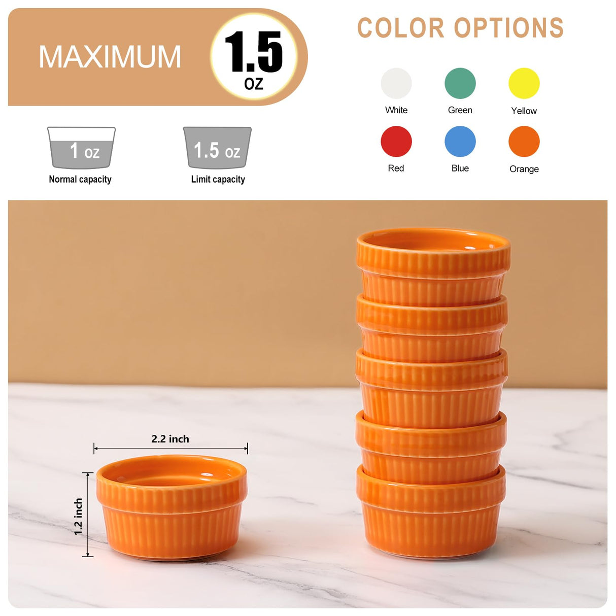 Creme Brulee Ramekins 1.5 oz Set of 6 Oven Safe, Vidalenta Ceramic Dipping Sauce Cups Dessert Dishes Bowls for Kitchen Custard Dessert Charcuterie Board, Orange Vidalenta