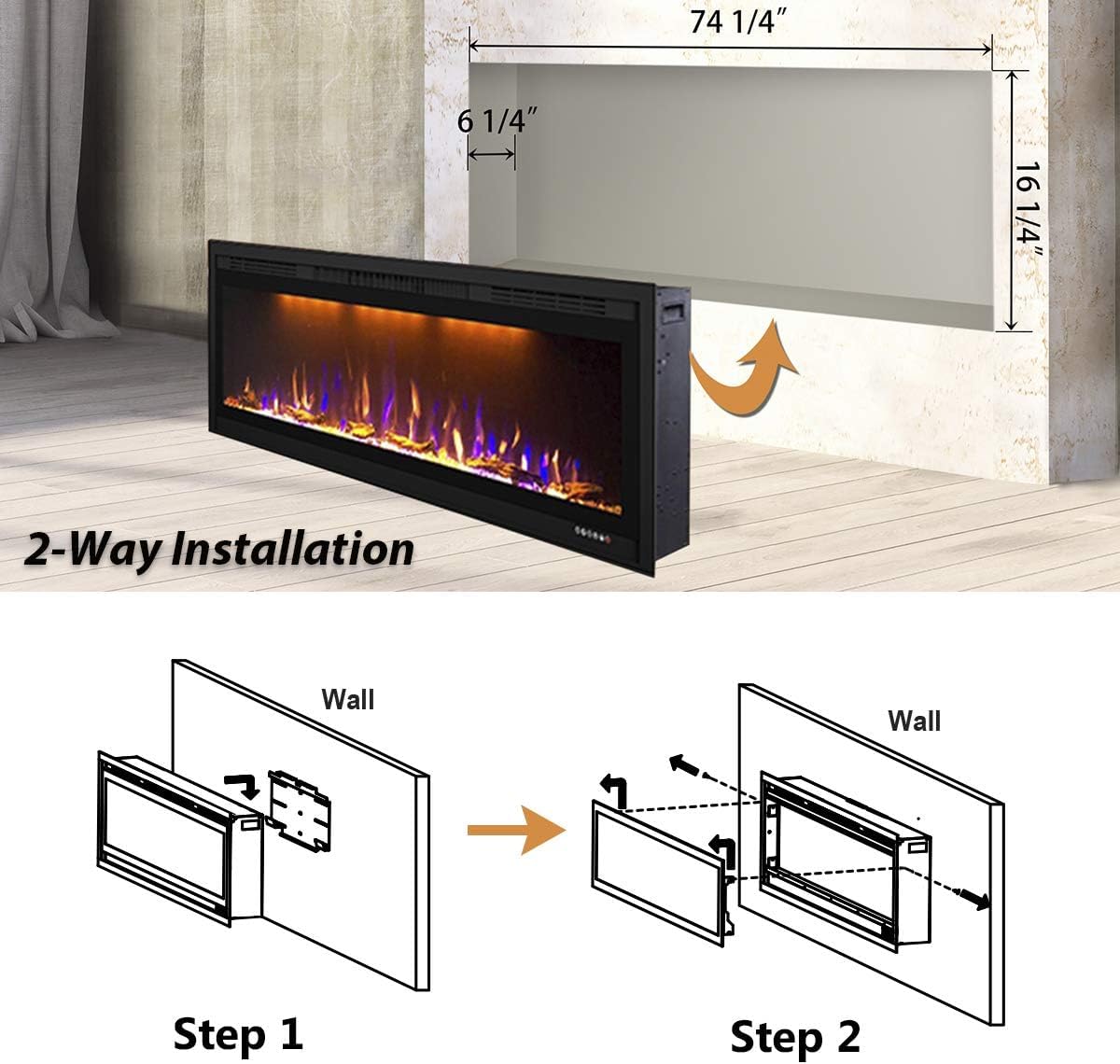 Valuxhome Electric Fireplace, 74 Inches Fireplace, Recessed and Wall Mounted Fireplaces for Living Room with Remote, Overheating Protection, Logset and Crystal, Touch Screen, 1500W/750W, Black Valuxhome