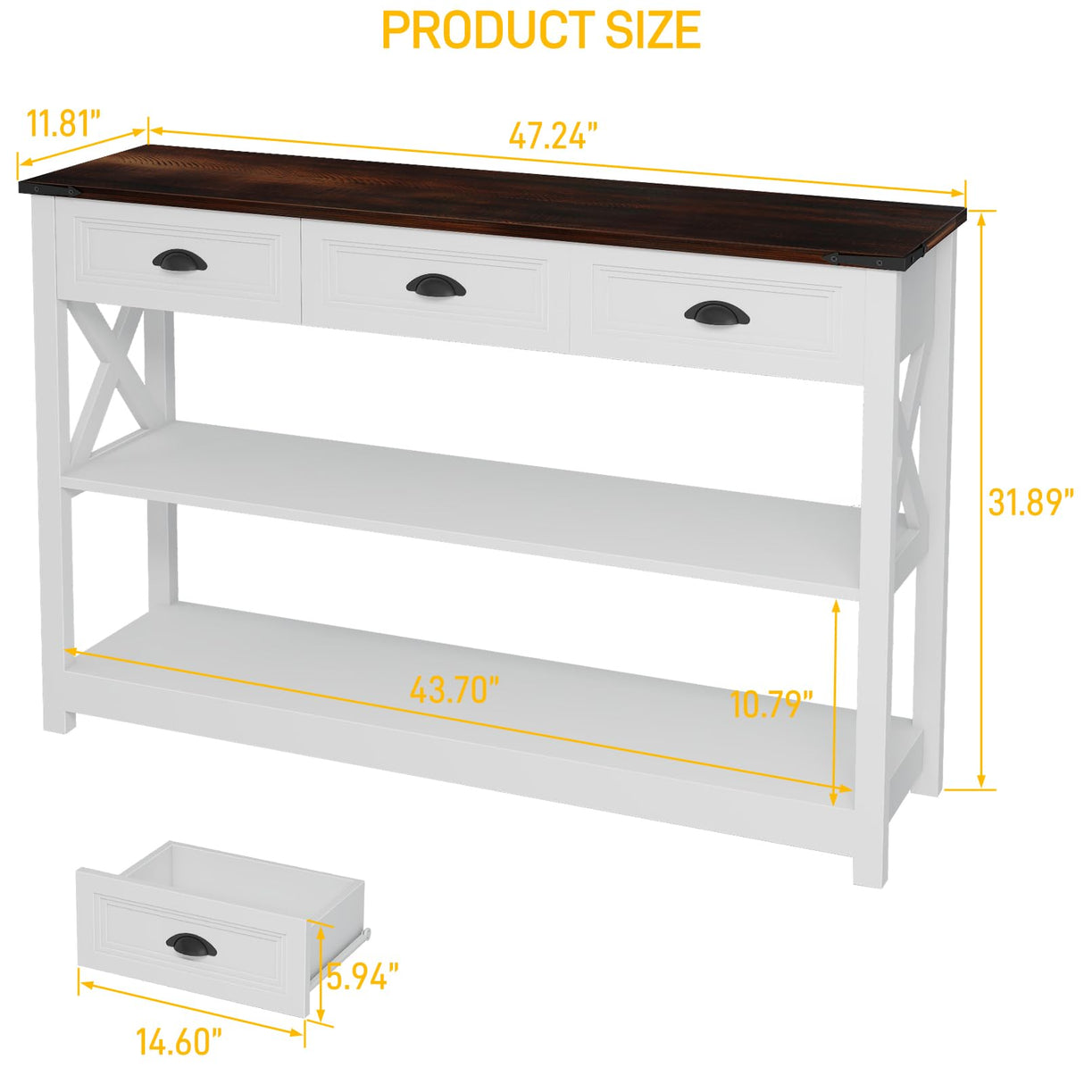 Vabches Sofa Table with 3 Drawers, Farmhouse Narrow Wood Accent Console Table Entryway Table with Storage Shelf for Entryway, Living Room, Foyer, Unique Design, White Vabches