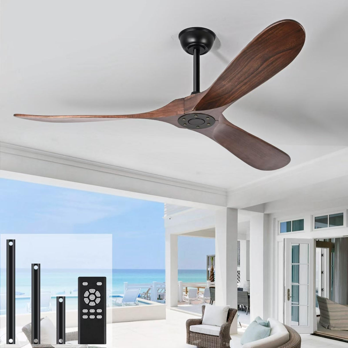 heimo 72 Inch Outdoor Ceiling Fans Without Lights,Wood Ceiling Fan No Light for Patios Living Room Bedroom Large Indoor Exterior Modern Farmhouse Propeller 3 Blade Wooden Fan with Remote (Walnut) heimo