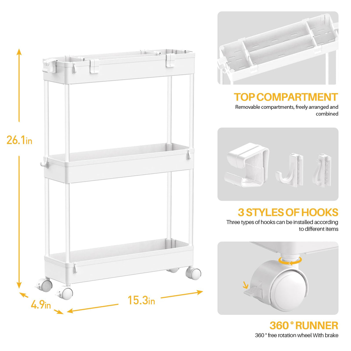 SPACELEAD Slim Storage Cart 3 Tier,Bathroom Organizer Rolling Utility, Mobile Shelving Unit Slide Out for Office, Kitchen, Laundry Room & Narrow Places,White SPACELEAD
