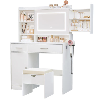Viaozutis Vanity Desk with Mirror and Lights, with Hidden Shelves,4 Compartments,2 Drawers,Cabinet & Stool,Dimmable LED Lights,Power Outlets, Ideal for Bedroom Vanity Organization(White)