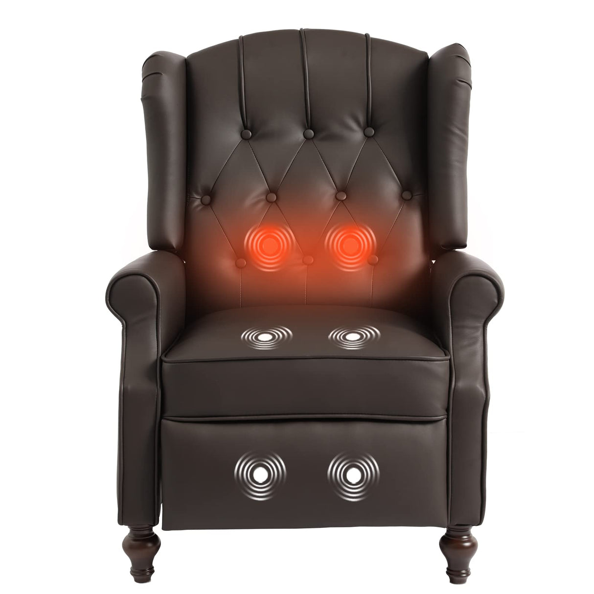IPKIG Wingback Pushback Recliner Chair - Mid Century Recliner Armchair with Massage and Heat, Rivet Decoration, Button-Tufted Back, Solid Wood Legs for Living Room, Bedroom, Office(Brown) IPKIG