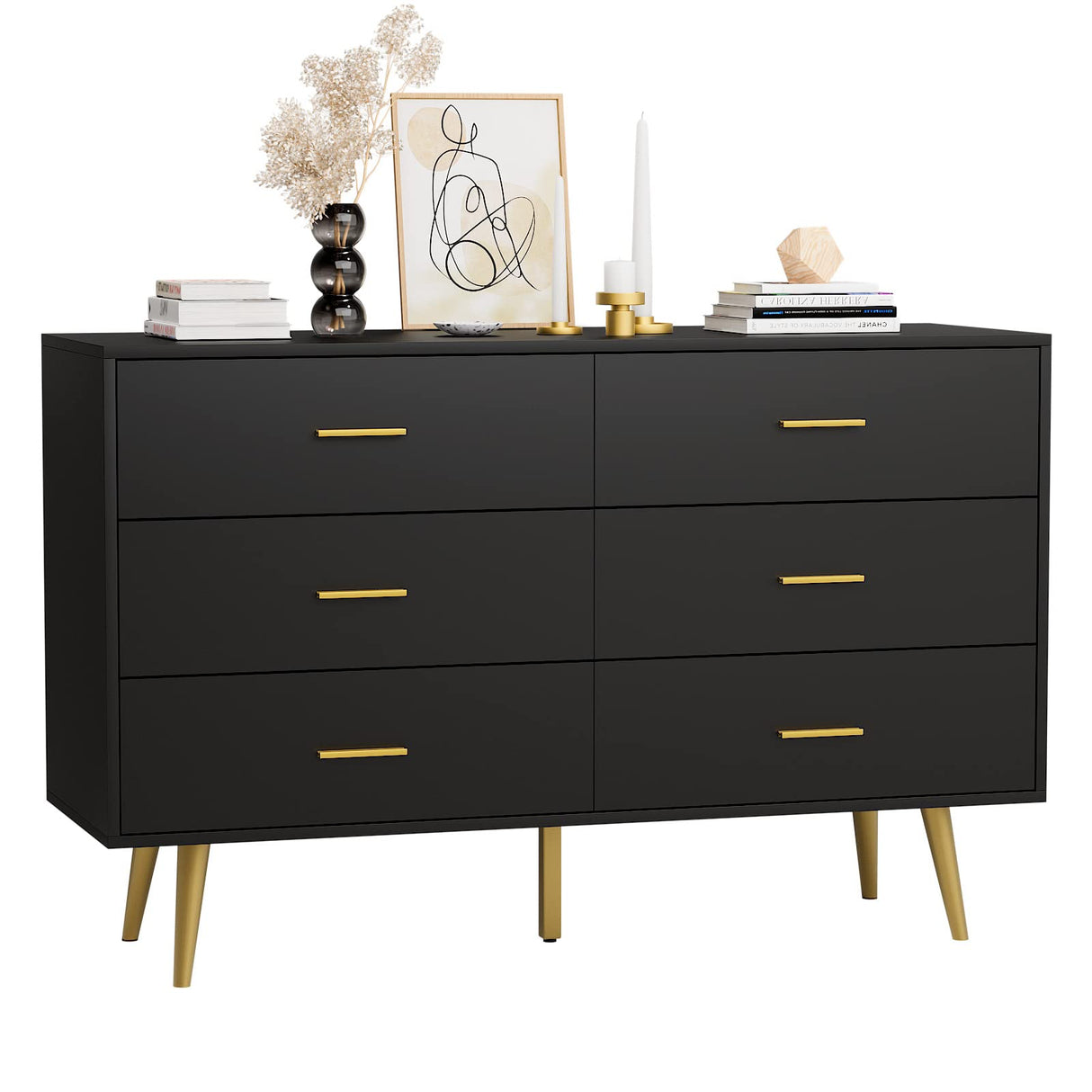 RESOM Black 6 Drawer Dresser for Bedroom, Wooden Black Double Dresser with Gold Handles, Modern Chest Dresser with Deep Drawers for Living Room, Hallway RESOM