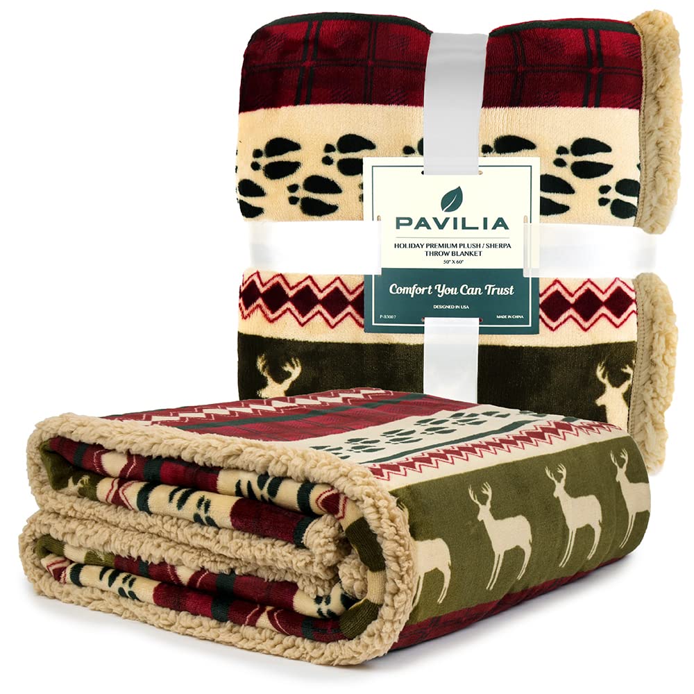 PAVILIA Premium Christmas Blanket Sherpa Fleece Throw| Plush Christmas Decoration, Reindeer, Cozy Reversible Winter Holiday Cabin Blanket for Sofa Couch 50x60 PAVILIA