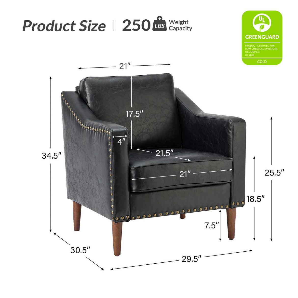 HULALA HOME Faux Leather Accent Armchair with Back & Seat Cushions, Traditional Club Chair with Nailhead Trim, Comfy Upholstered Sofa Chair for Bedroom & Living Room, Black HULALA HOME