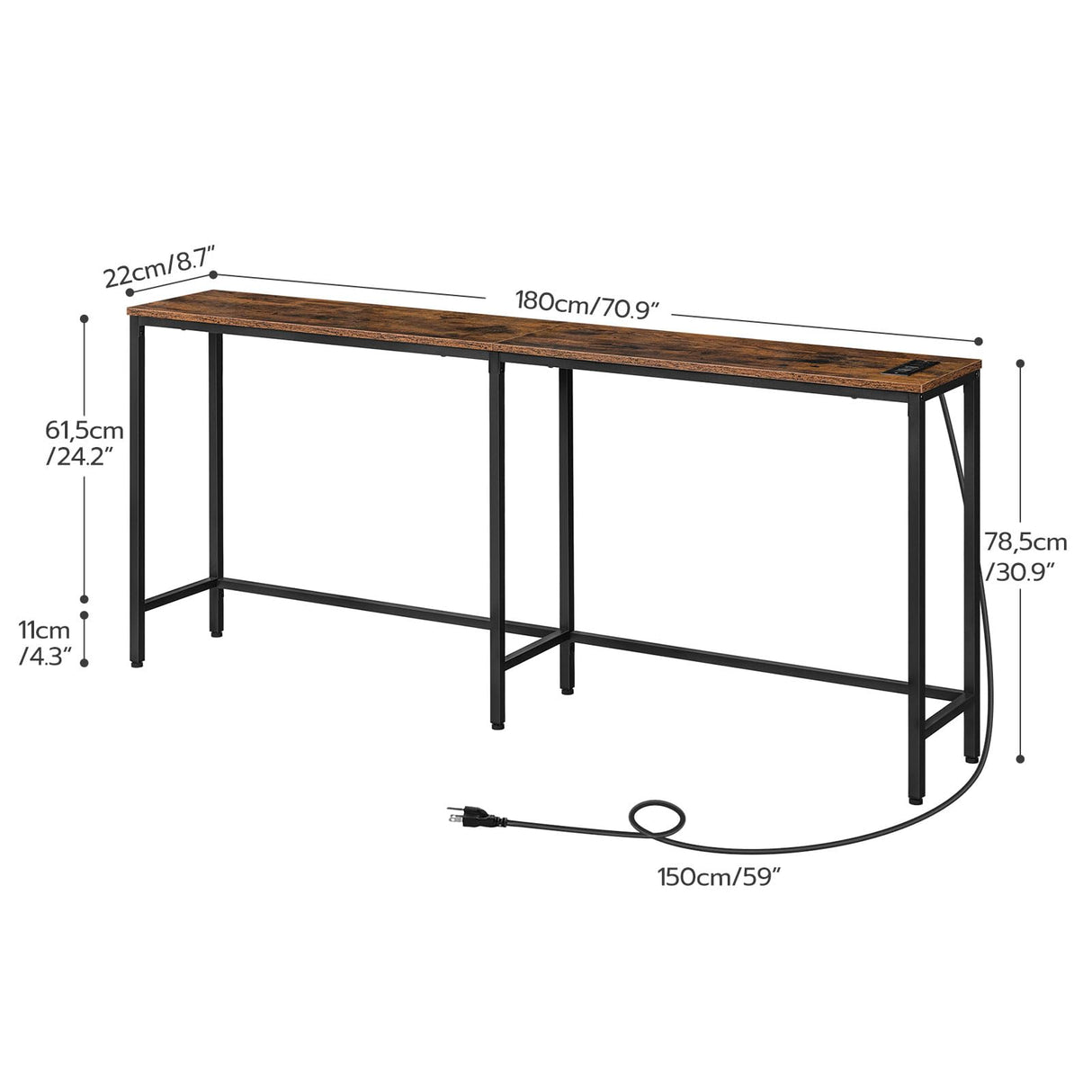 HOOBRO 70.9 Inches Console Table with 2 Power Outlets and 2 USB Ports, Extra Long Entryway Table with Charging Station, Narrow Sofa Table Behind Couch, Hallway, Living Room, Rustic Brown BF1801XG01G2 HOOBRO