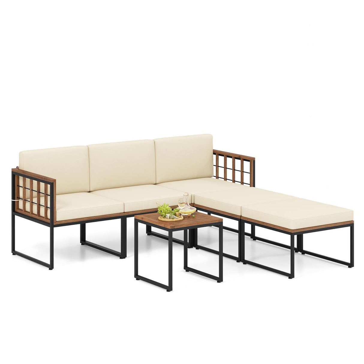 Tangkula 6 Pieces Acacia Wood Patio Furniture Set, Patiojoy Outdoor Sectional Conversation Sofa Set with Cushions, Coffee Table and Ottomans, Patio Seating Sofas for Garden, Poolside, Backyard (Beige) Tangkula