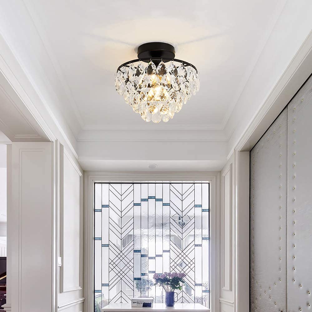 YYJLX Modern Small Crystal Ceiling Light Fixture Mini Black Semi Flush Mount Chandelier Light Fixture for Hallway Bedroom Bathroom Closet e26 YYJLX