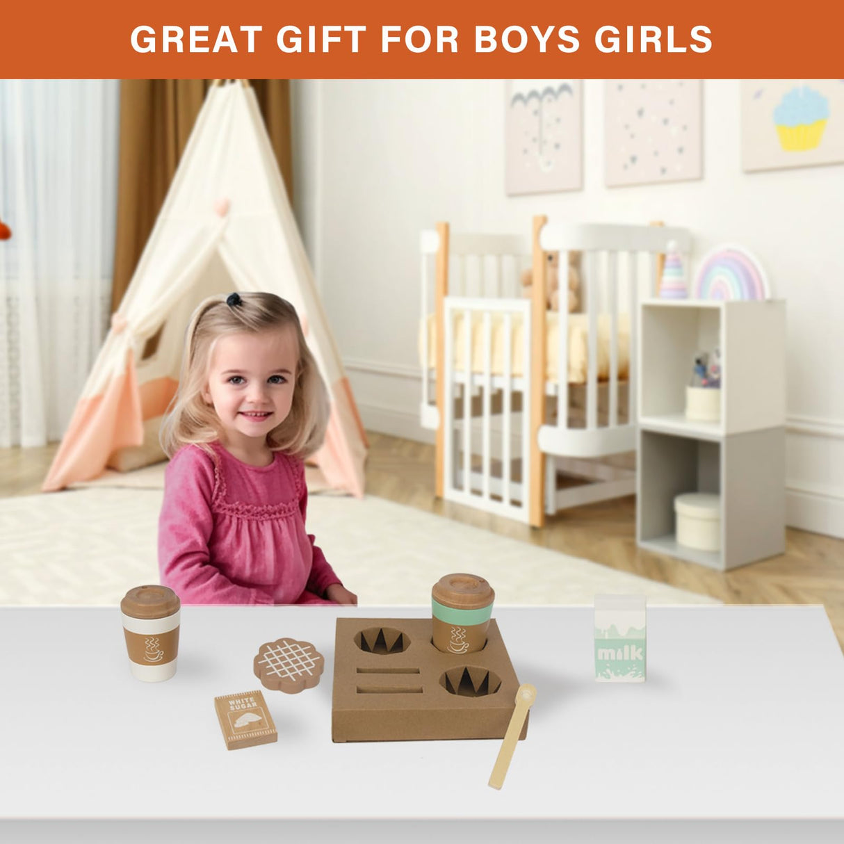 WOODENFUN Pretend Play Coffee Cup Toys,Wooden Play Kitchen Accessories,Fake Food Play for Kids Kitchen,Educational Toy for Toddler Children Birthday Gift WOODENFUN