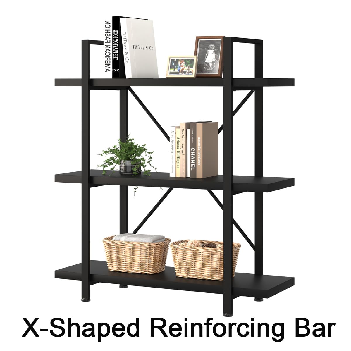 HSH Industrial-Style 3-Tier Black Oak Bookshelf with Metal Frame for Modern Storage HSH