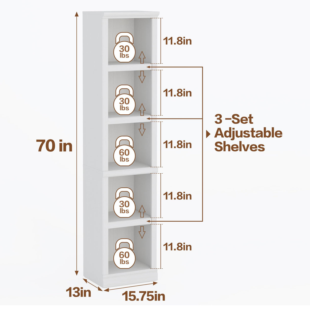 Bevfint 70" Tall Bookcase, White Narrow Floor Standing Bookshelf, 5 Tier Shelves Open Storage Organizer, Book Case for Living Room Hallway Kitchen Home Office Bathroom, White - 5 Tier Bevfint