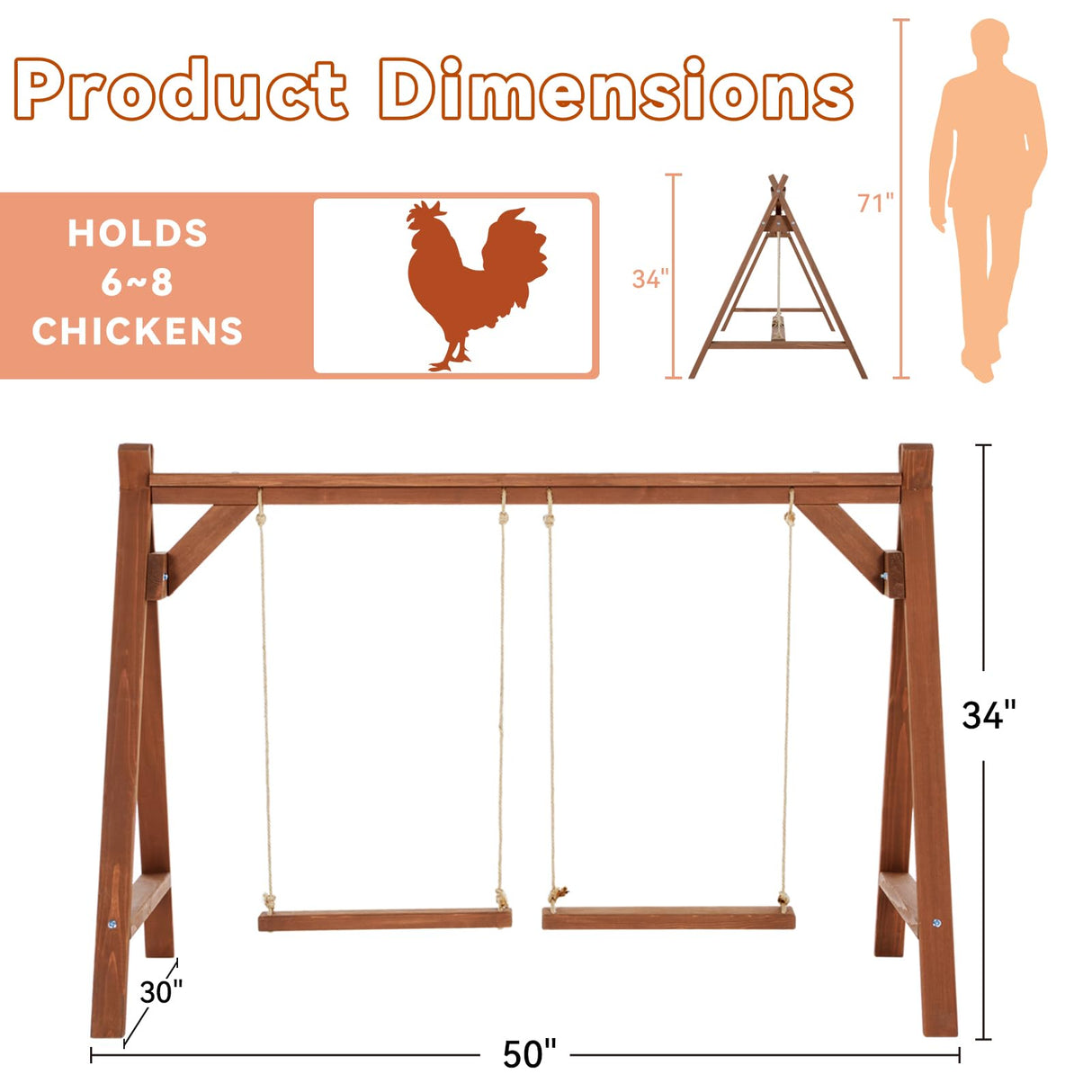 PETSFIT Chicken Roosting Bars for Hens with 2 Chicken Swings, Chicken Perch for Pet's Healthy & Play, Chicken Coop Accessories for 6-8 Chickens, Easy to Assemble&Clean Petsfit