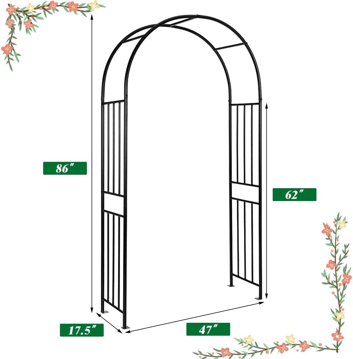 LDAILY Moccha Garden Arch Arbor Trellis, 7.2Ft Outdoor Steel Arbor with Stakes, Metal Archway for Climbing Plants, Wide Sturdy Durable Garden Arch for Lawn, Party, Ceremony Wedding Decoration, Black LDAILY