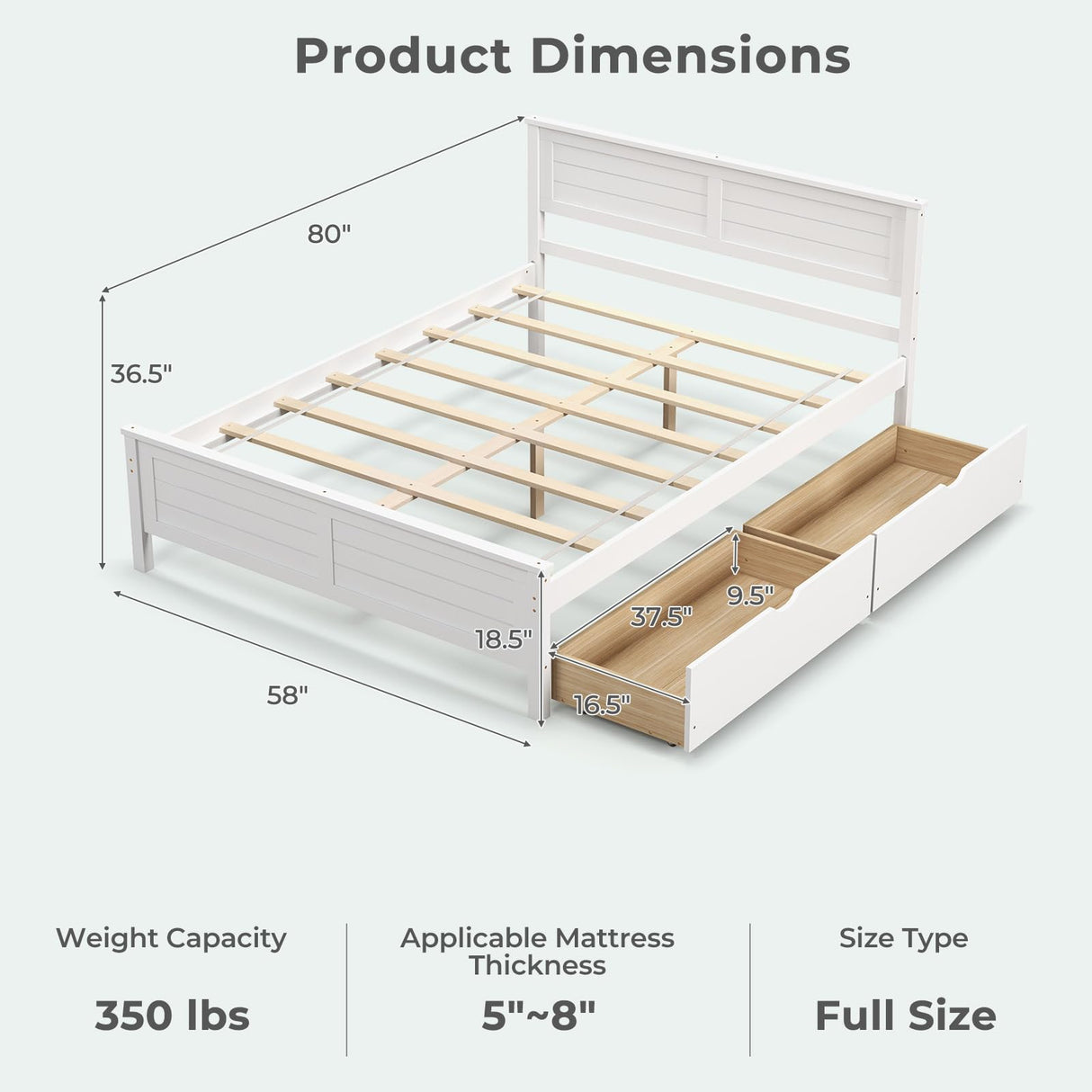 Giantex White Wood Full Size Bed Frame with 2 Storage Drawers and Headboard Giantex