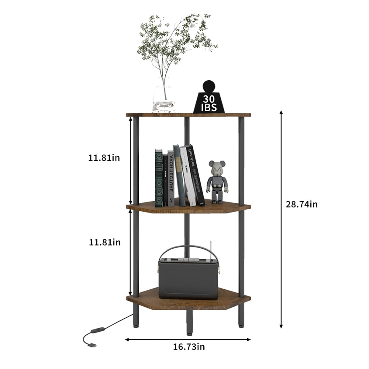 QLSPTFTS 3 Tier Corner Shelf with LED Light,Bookcase for Small Spaces,Display Shelf,Narrow Bookshelf,Plant Stand,Rustic Brown and Black,Suitable for Bedroom,Living Room,Kitchen QLSPTFTS