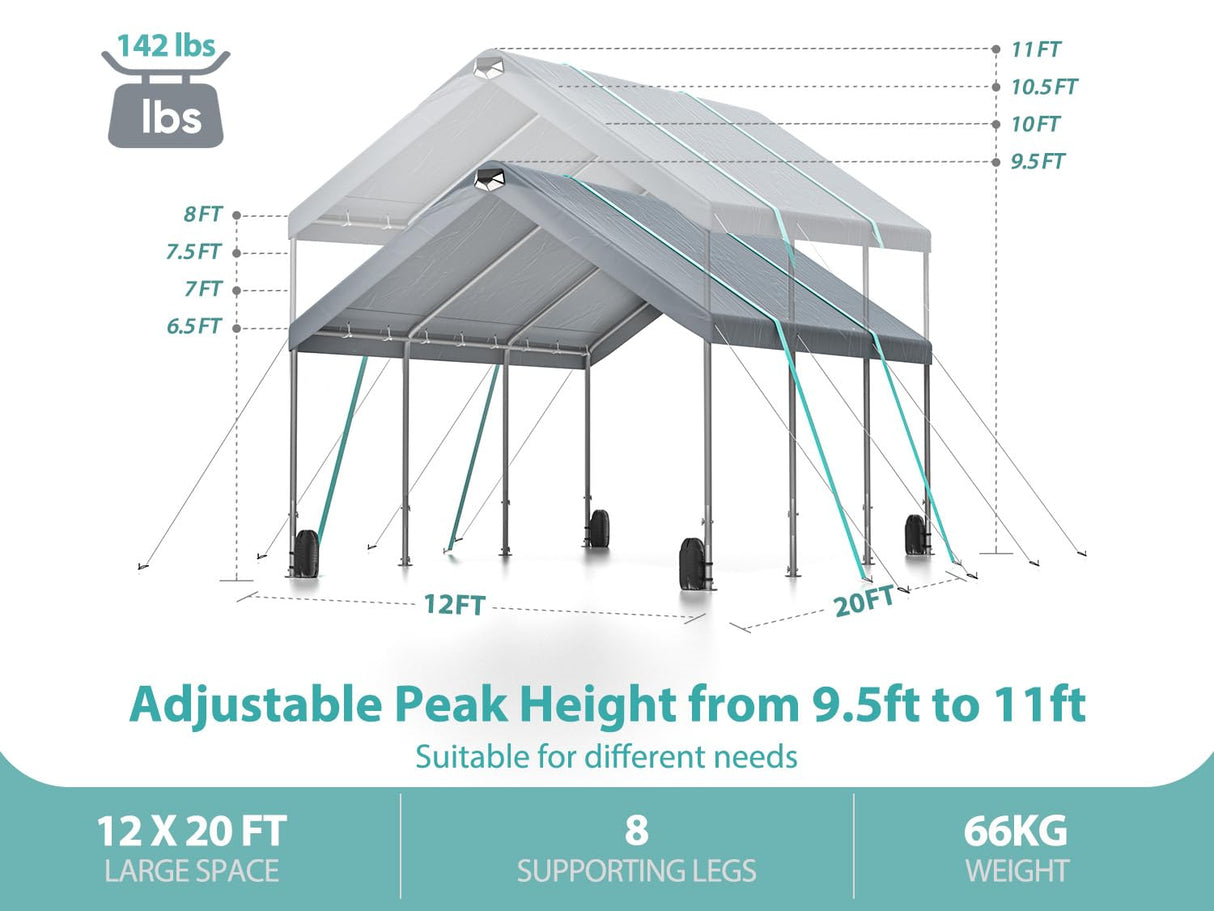 12*20 Heavy Duty Carport Canopy - Extra Large Portable Car Tent Garage with Adjustable Peak Height from 9.5ft to 11ft,Metal Roof &Side Walls for Car, SUV,Boats&Truck Party Tent Shelter Logic Storage ZJBFXY88