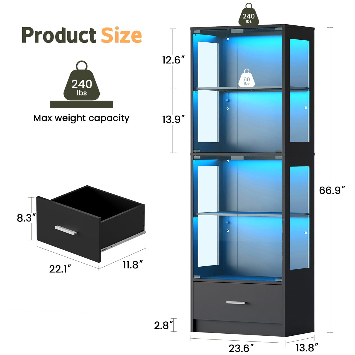 Lamtor Display Cabinet with Glass Doors - 67" Curio Cabinet with RGB LED Lights and Drawer for Collectibles, 4 Tier Glass Display Case for Living Room, Office, Black(Narrow) Lamtor