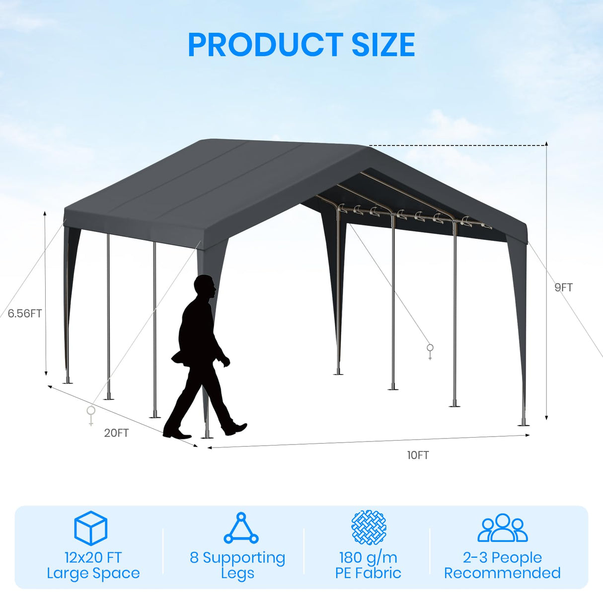 10x20 FT Heavy Duty Carport, Outdoor Portable Car Canopy Garage, Galvanized Steel Frame, UV-Resistant Waterproof PE Tarp Shelter for Vehicles, Boats, RVs, Driveway Carport, Gray RICHRYCE