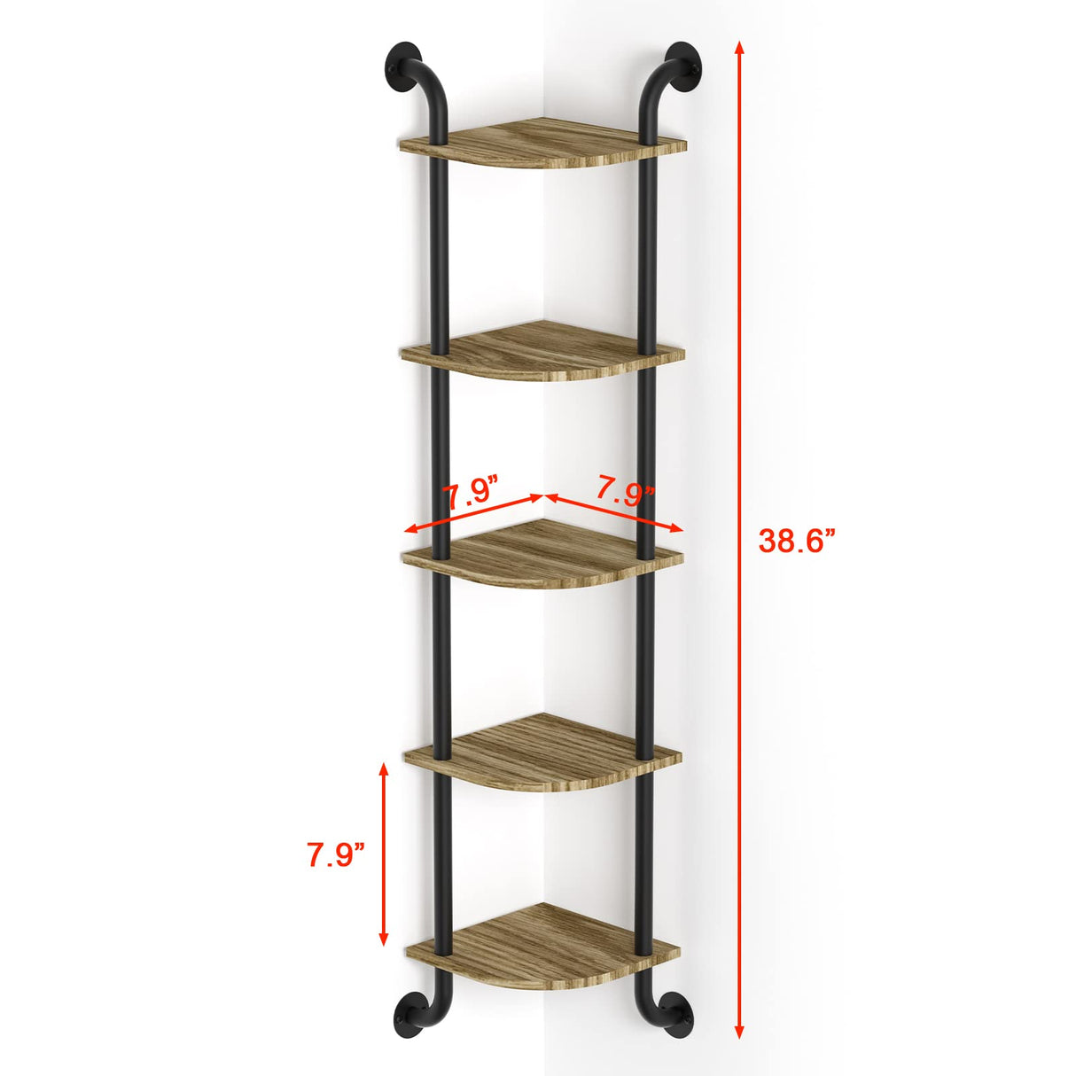 Tinpin Corner Shelf Wall Mount 5-Tier, Wall Decor for Home Living Room Bedroom, Wall Corner Shelves Bookshelf, Rustic Industrial Pipe Shelves, Brown Tinpin