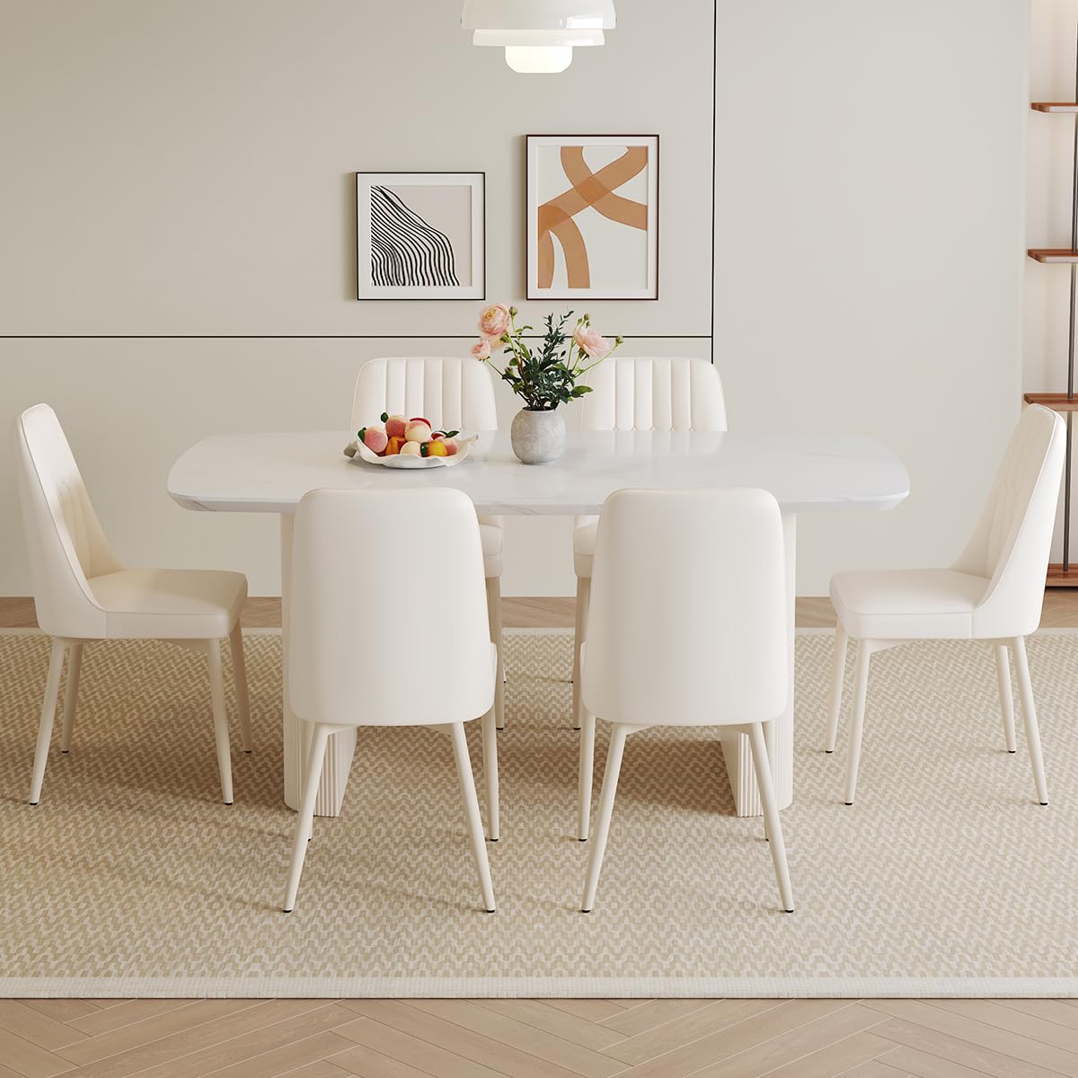Ebullient White Oval Dining Table Set for 6, 67'' Modern Dining Table Set for 6, Cream White Oval Tabletop with Sleek Ripple Legs, 6 Soft Faux Leather Chairs, Ideal for Dining Room Ebullient