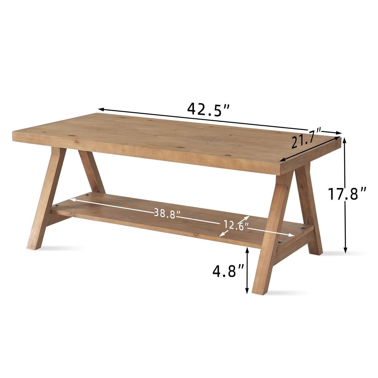 Farmhouse Coffee Table,Solid Wood Center Tables with Storage Shelves & Sturdy A-Shaped Legs, Modern Rustic 2-Tier Rectangular Table for Living Room and Office, Natural WINWY