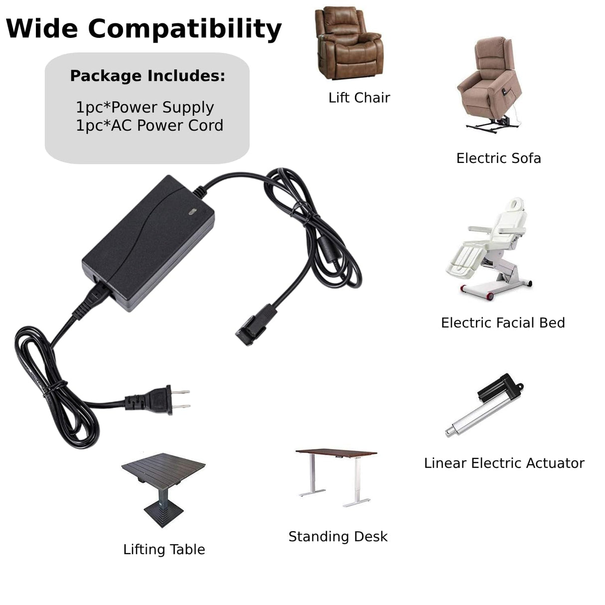 Universal Power Recliner Power Supply, 29V 2A 2 Pin AC/DC Switching Power Supply Adapter for Electric Recliner/Couch/Lift Chair/Standing Desk HCHNH