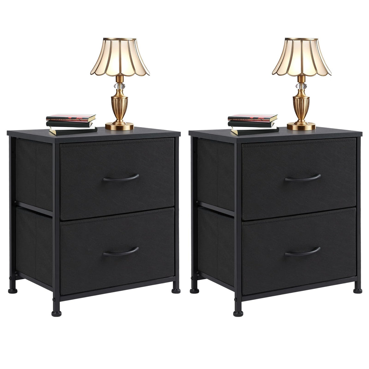 GlasFlength Night Stand, Small Dresser with 2 Fabric Drawers, Farmhouse Black Nightstands Set of 2 for Bedroom, Closet, Dorm, Black/2BC 2-Pack GlasFlength