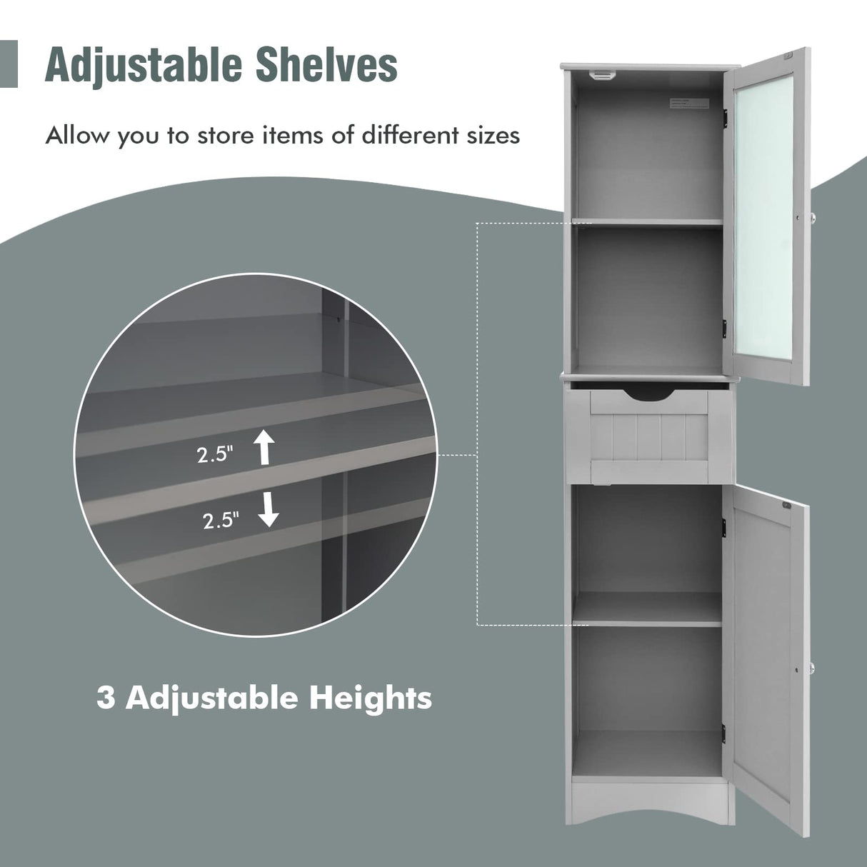 Tangkula 67" Tall Bathroom Storage Cabinet, Slim Freestanding Tower w/ 2 Doors & 1 Drawer, Narrow Floor Cabinet w/Adjustable Shelves & Tempered Glass Door for Bathroom Living Room (Grey) Tangkula