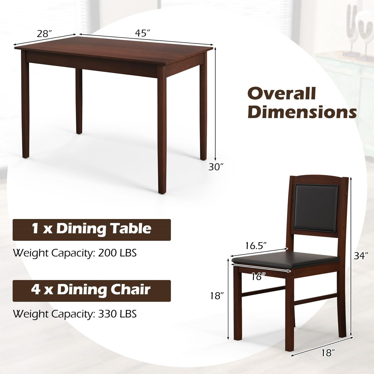 POWERSTONE Farmhouse Wood Dining Table Set for 4, Space-Saving Kitchen Table 4 Chairs Paded PU Leather, Rectangular 5 Piece Dining Table Set 4 Rubberwood Legs Chairs for Kitchen Indoor Dinner (Brown) POWERSTONE