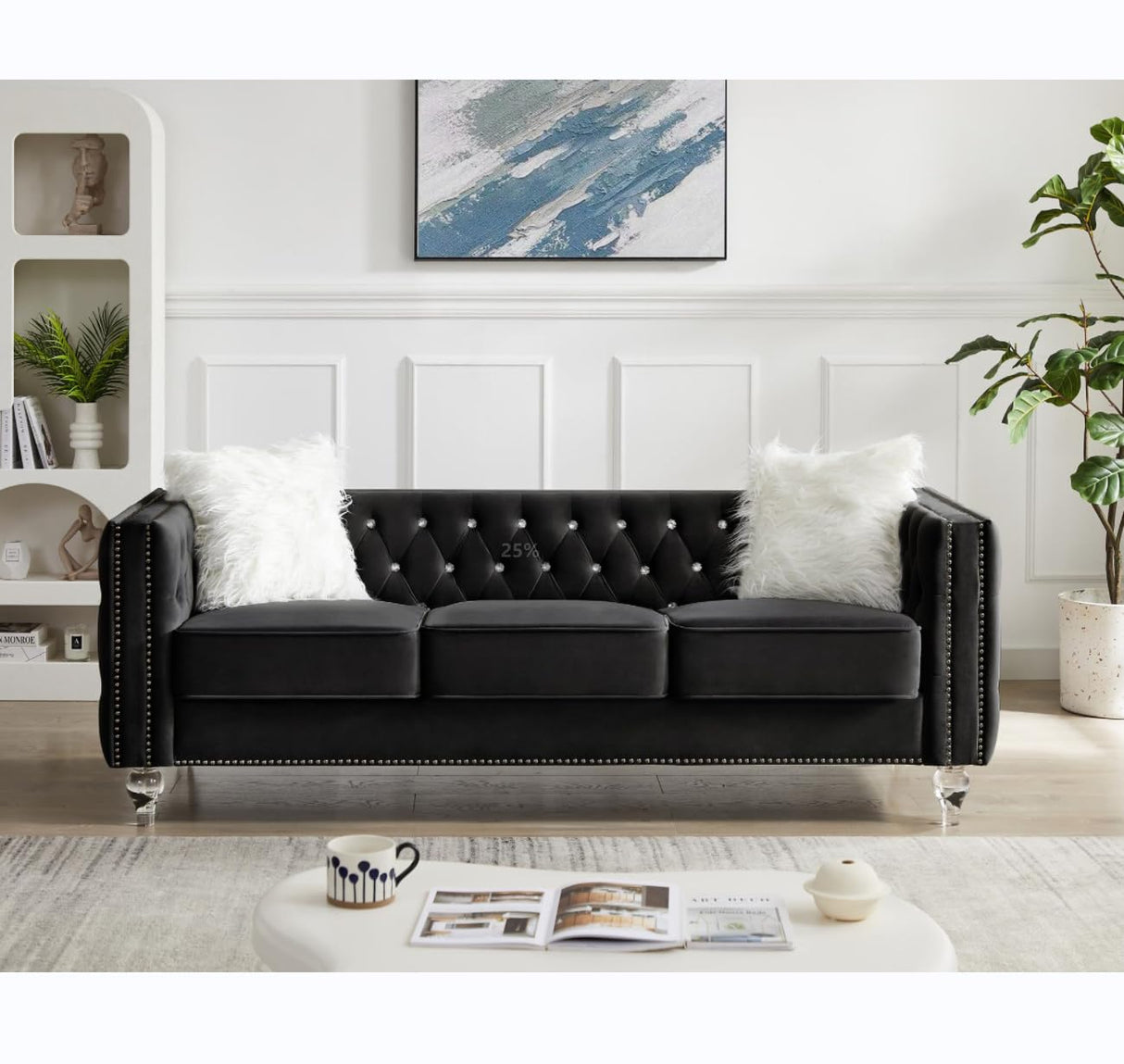 2 Piece Velvet Living Room Sofa Set with Tufted Loveseat and 3-Seater Couch, Luxurious Diamond Tufting & Acrylic Crystal Buttons & Legs, Modern Comfy Upholstery Chesterfield Sofa Set (Black) Gooamz